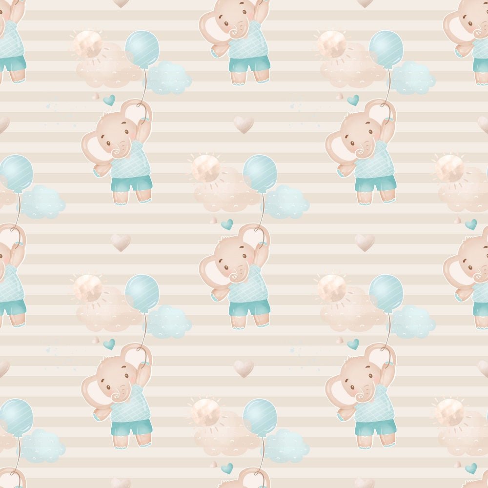 Baby Boy Elephant On Stripes Fabric - Tan