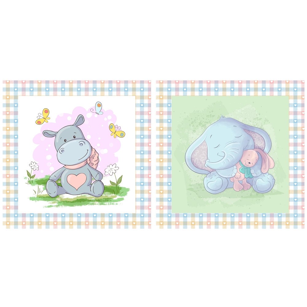 Baby Elephant and Hippo Pillow Fabric Panels