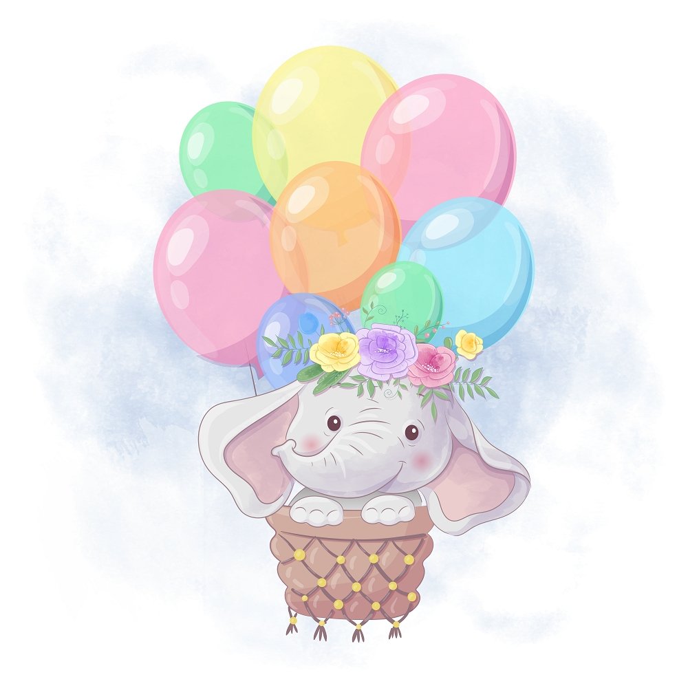 Baby Elephant In Balloon Basket Fabric Panel