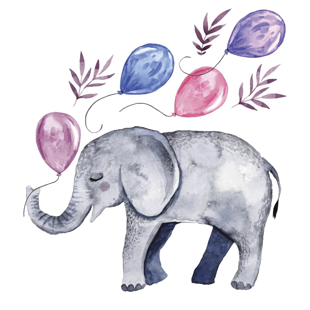Baby Elephant With Balloons Fabric Panel - Gray