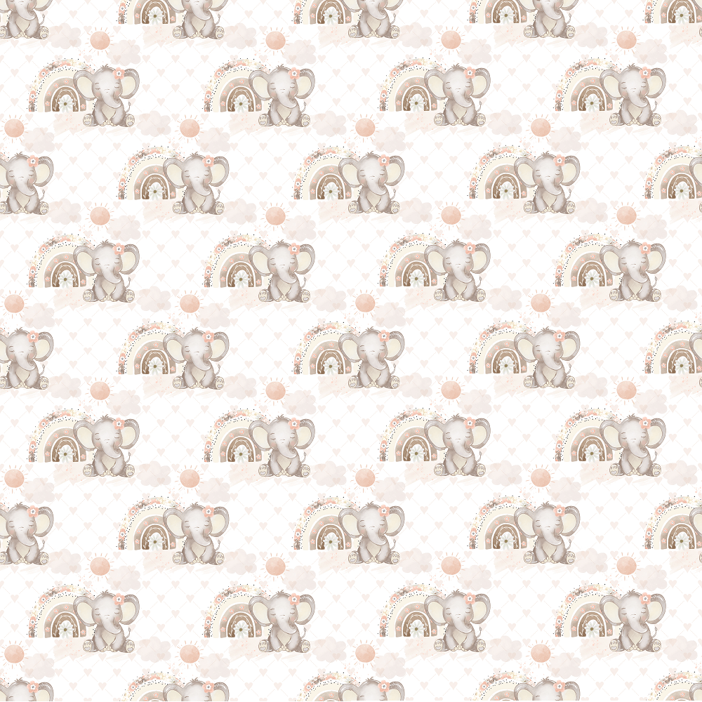 Baby Elephants With Rainbows & Hearts Fabric - White