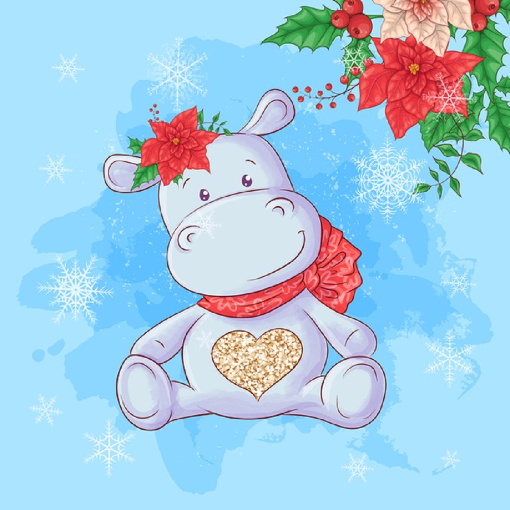 Baby Hippo Christmas Card Fabric Panel - Blue