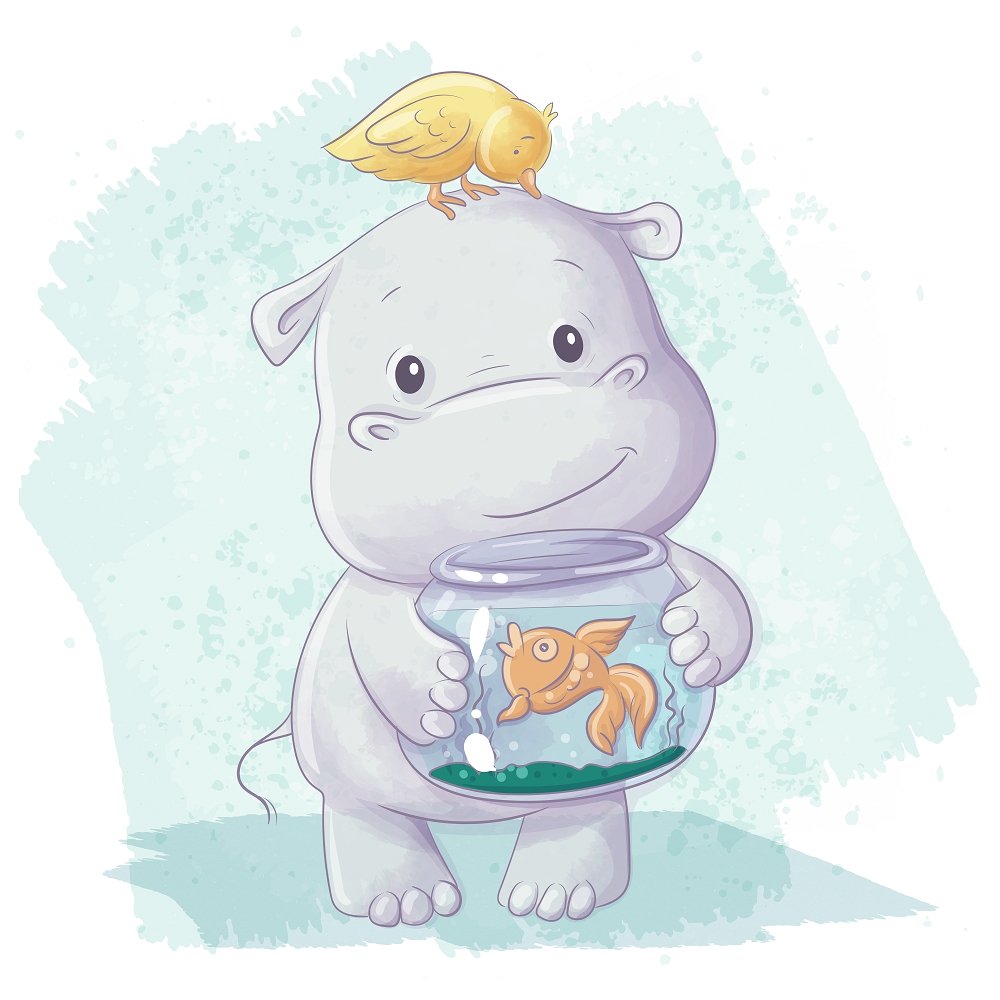 Baby Hippo With Fish & Bird Fabric Panel