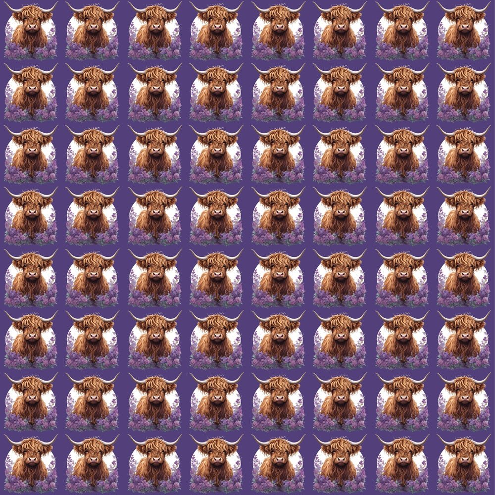 Brown Highland Cows & Flowers  Portrait Fabric- Purple
