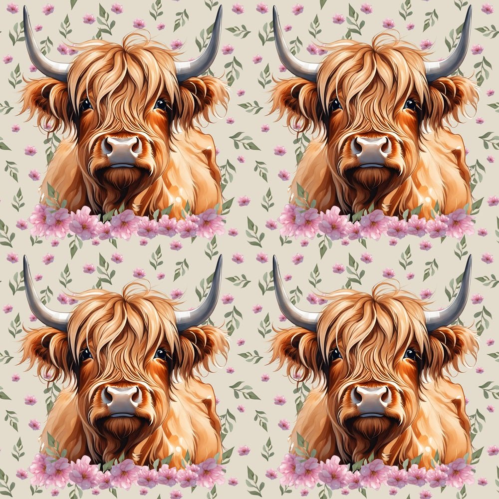 Brown Highland Cows & Pink Flowers Fabric - Tan