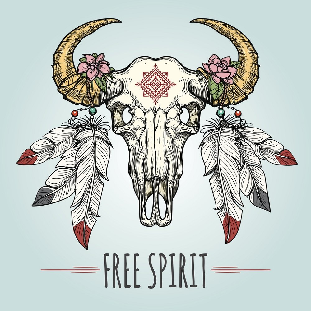 Buffalo Skull with Ornament and Feathers Fabric Panel