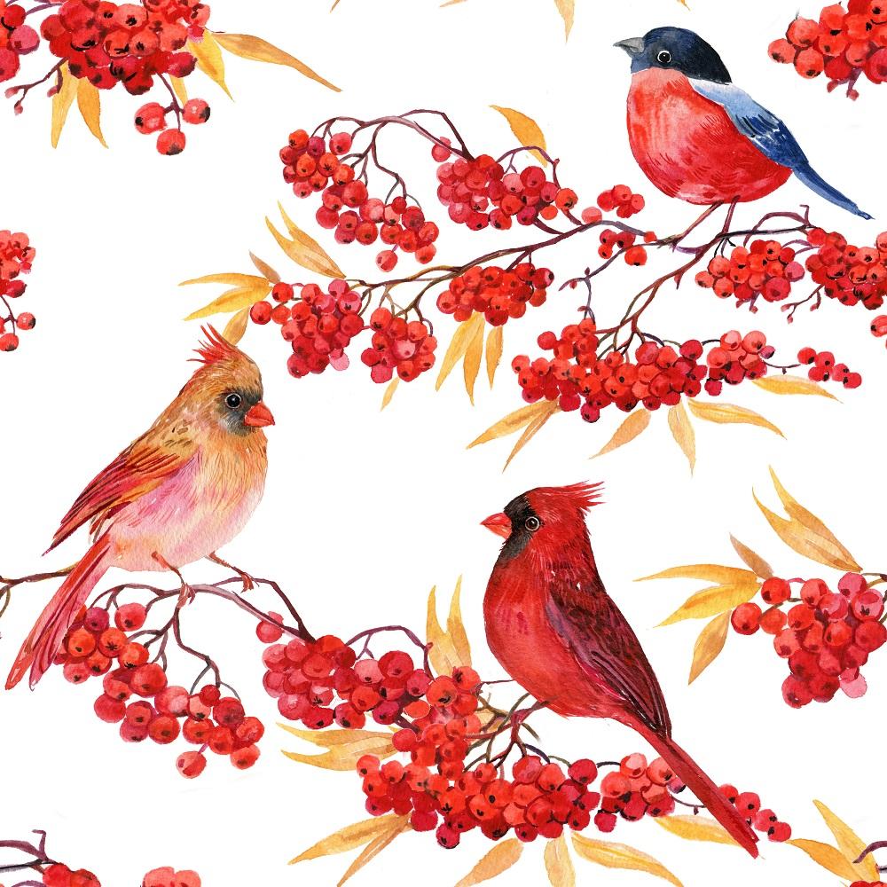 Bullfinch, Cardinal & Rowan Fabric - White