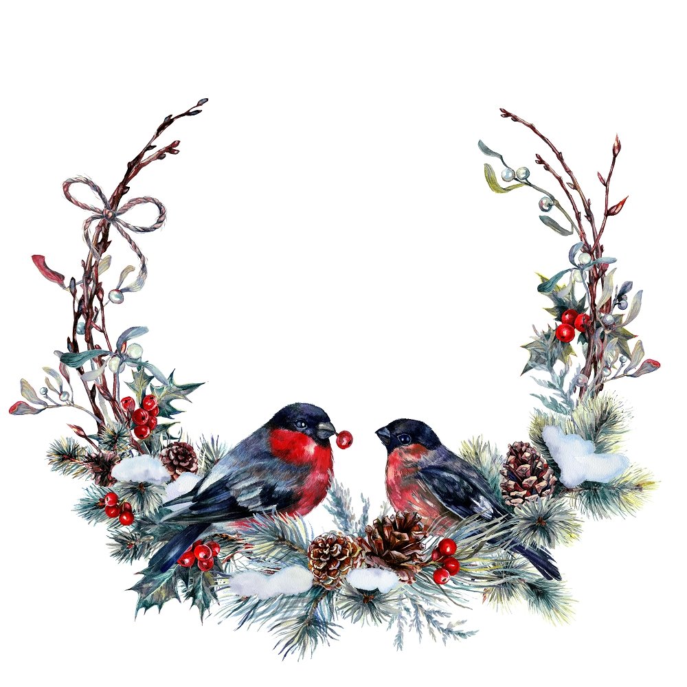 Bullfinch Couple On Snow Wreath Fabric Panel