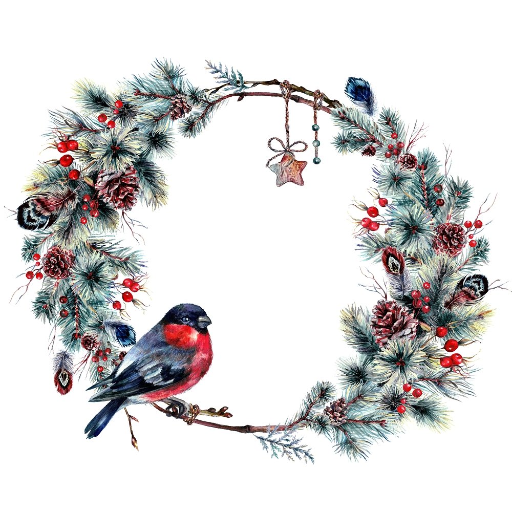 Bullfinch & Lush Pine Wreath Fabric Panel