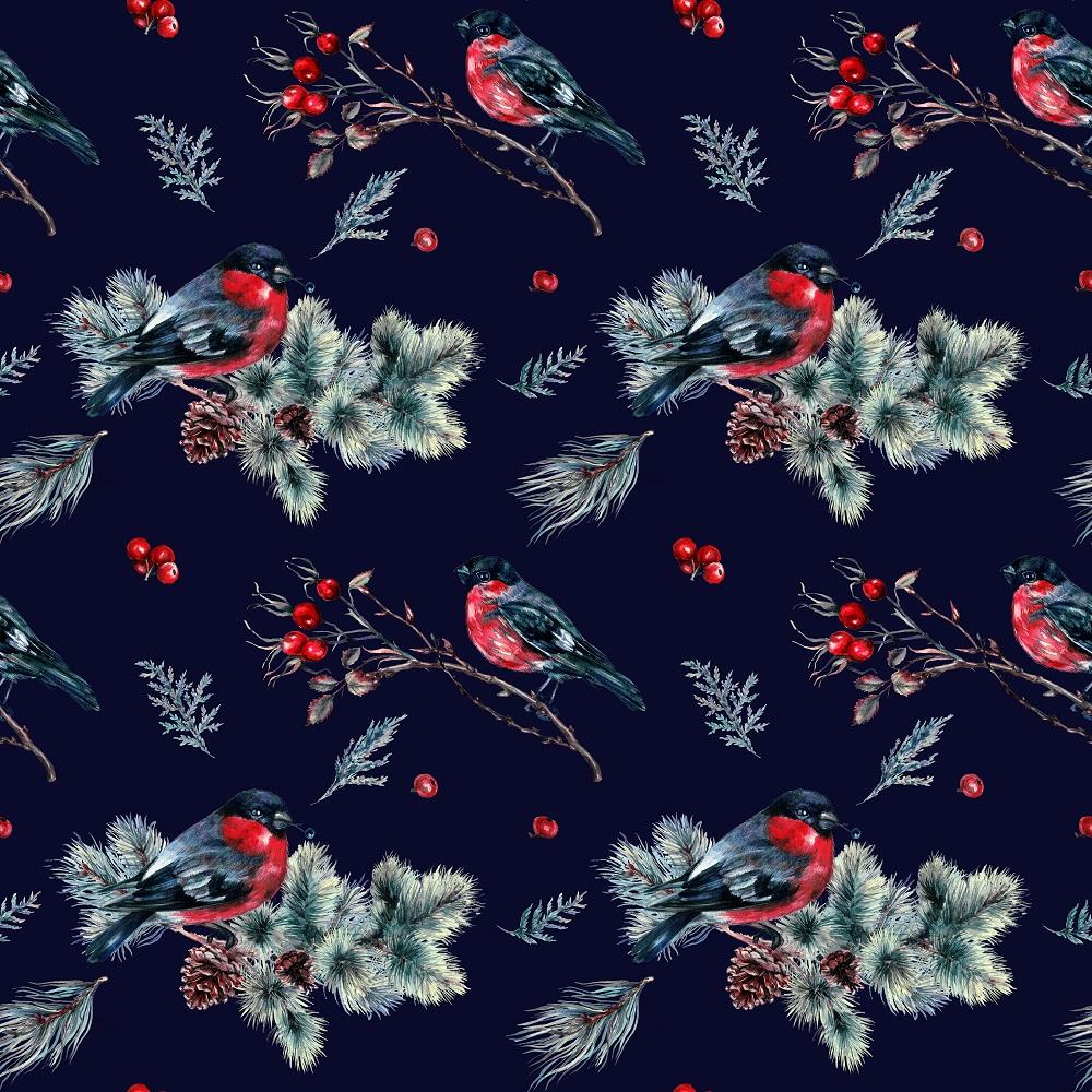 Bullfinch on a Branch Fabric - Navy Blue