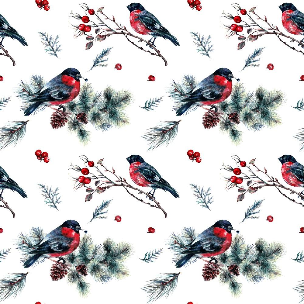 Bullfinch on a Branch Fabric - White