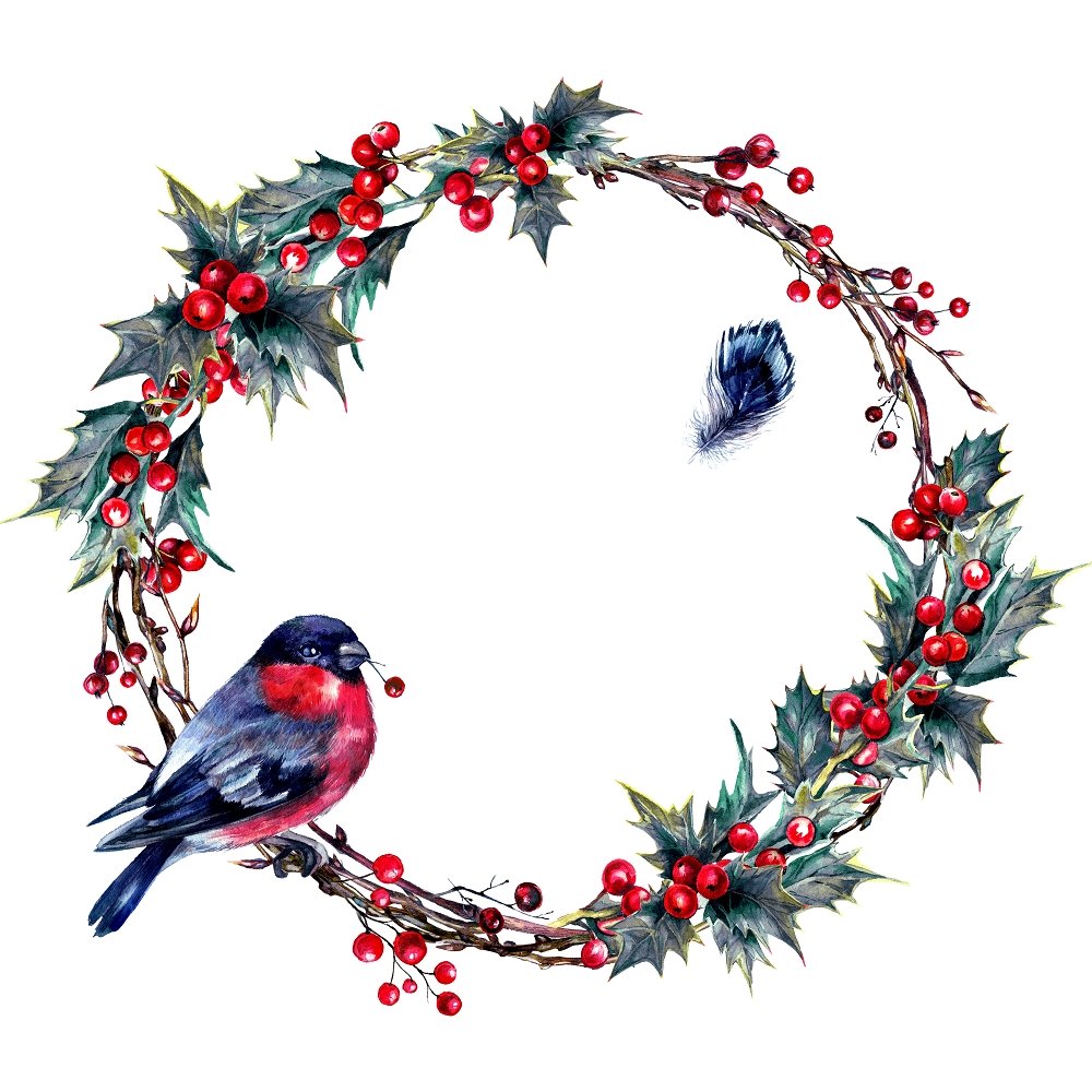 Bullfinch On Holly Berry Wreath Fabric Panel