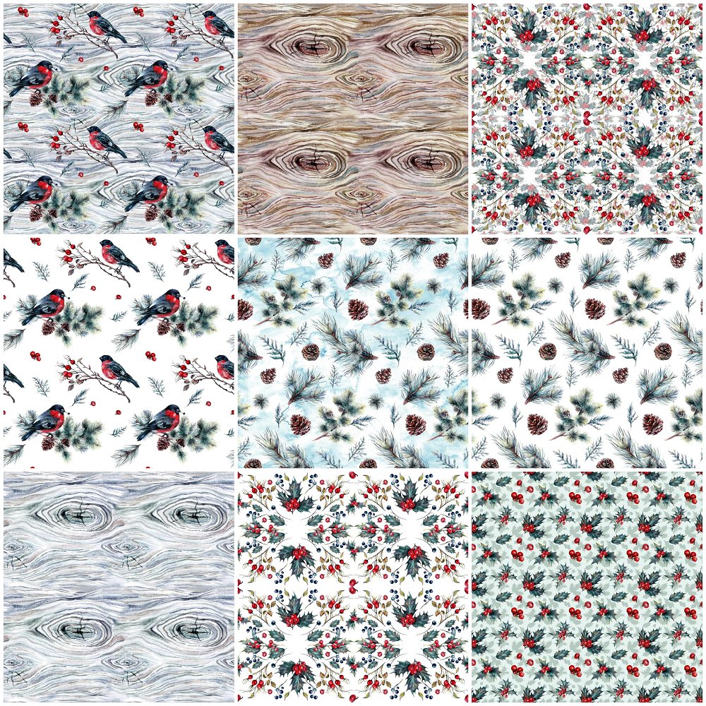 Bullfinch Watercolor Christmas Fat Quarter Bundle - 9 Pieces