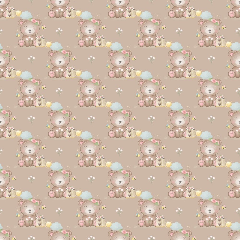 Bumble Bee Bear and Clouds Fabric - Brown