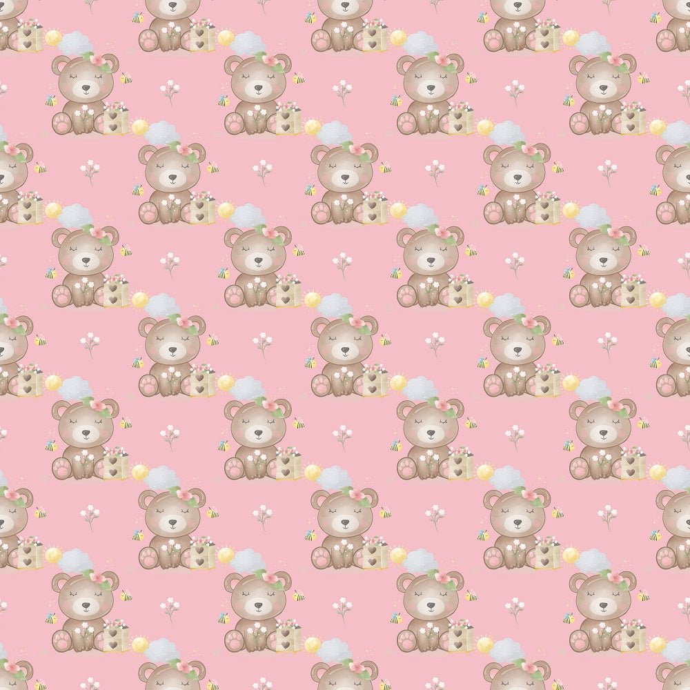 Bumble Bee Bear and Clouds Fabric - Pink