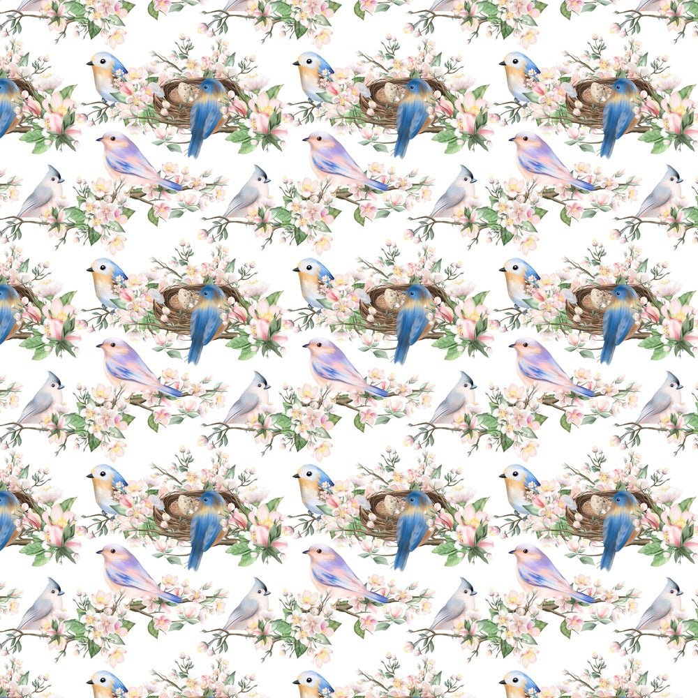 Bright Birds in Apple Tree Birds Nests Fabric