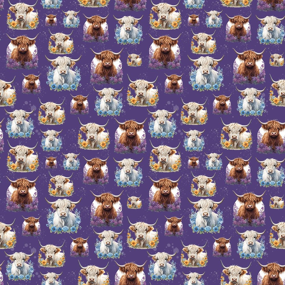 Brown & White Highland Cows  & Flowers Fabric - Purple