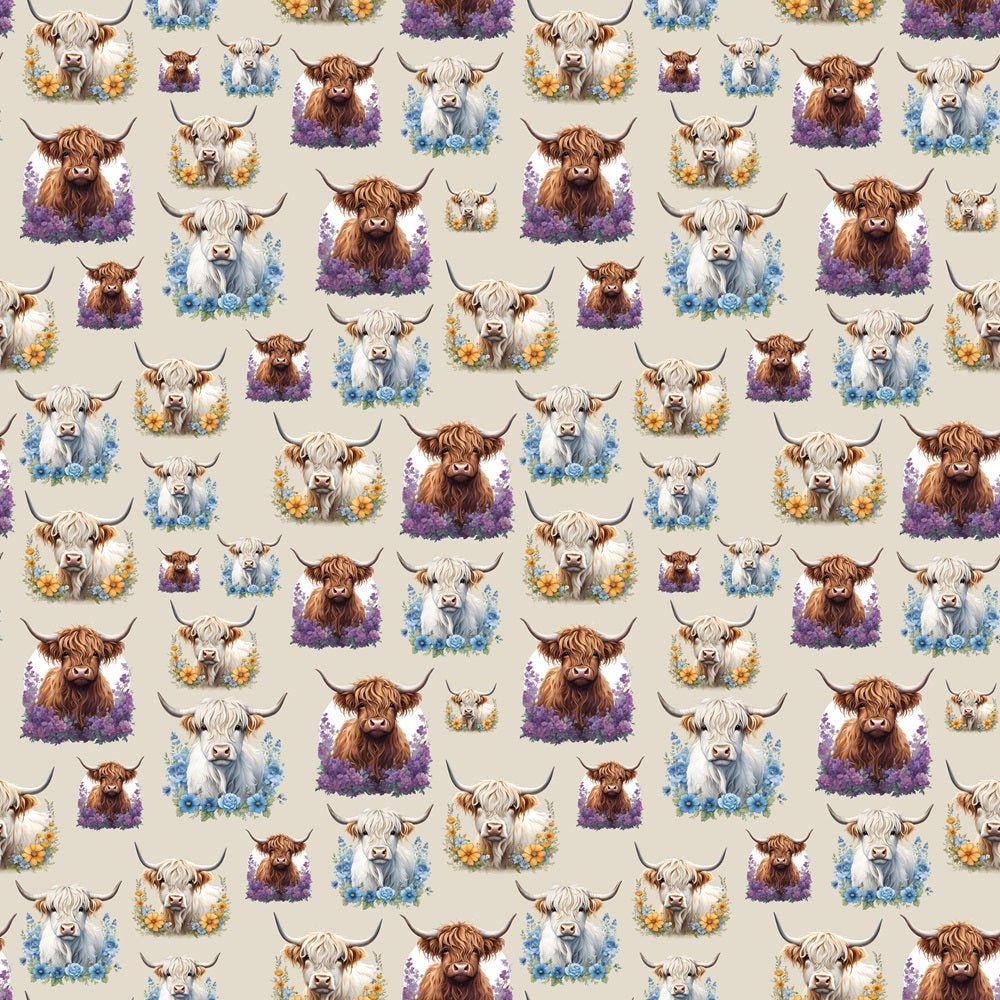 Brown & White Highland Cows  & Flowers Fabric - Tan