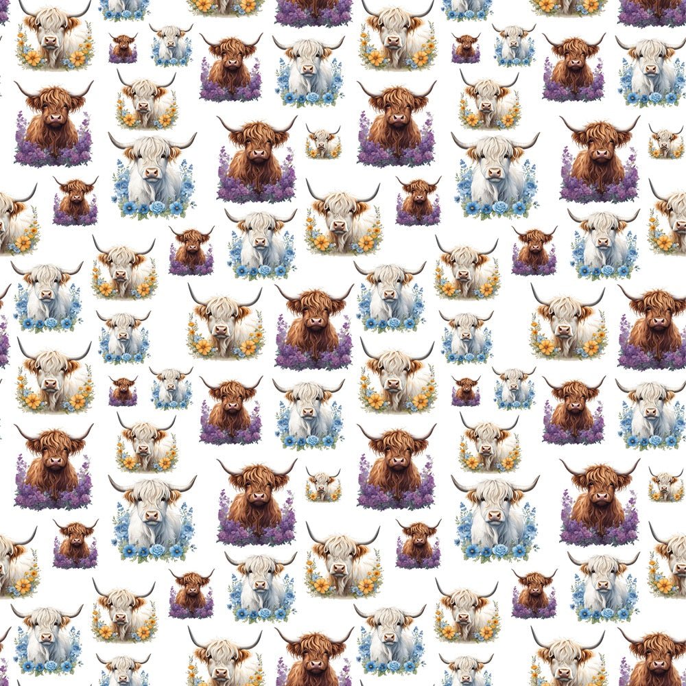 Brown & White Highland Cows  & Flowers Fabric - White