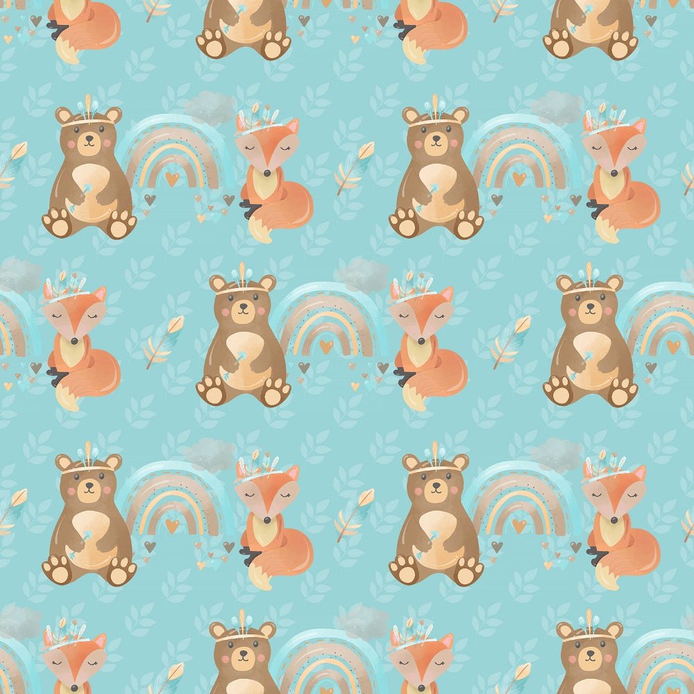 Boho Woodland Bears and Foxes Fabric - Blue