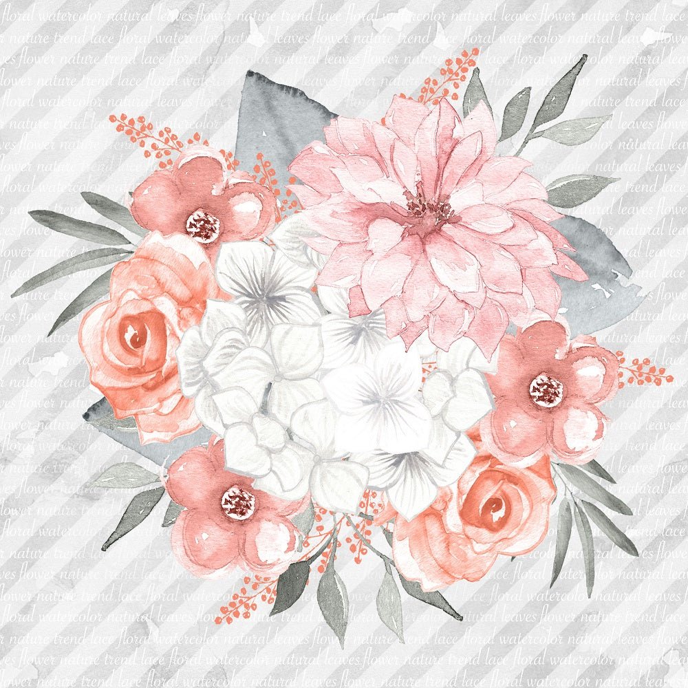 Bouquet on Diagonal Stripe Fabric Panel - Grey