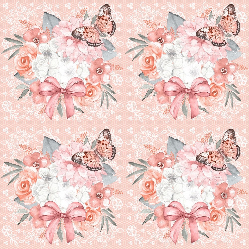 Bouquet on Lacey Floral Fabric - Coral