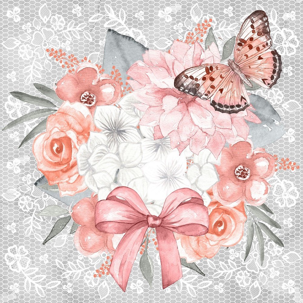Bouquet on Lacey Floral Fabric Panel - Grey