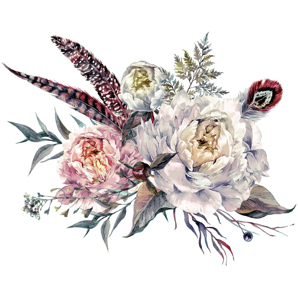 Boho White Peonies Bouquet Fabric Panel