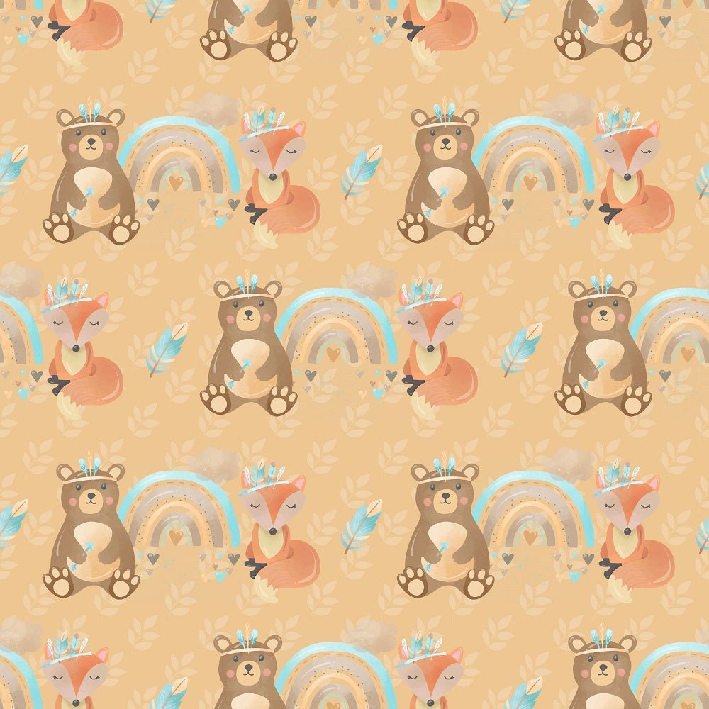 Boho Woodland Bears and Foxes Fabric - Tan