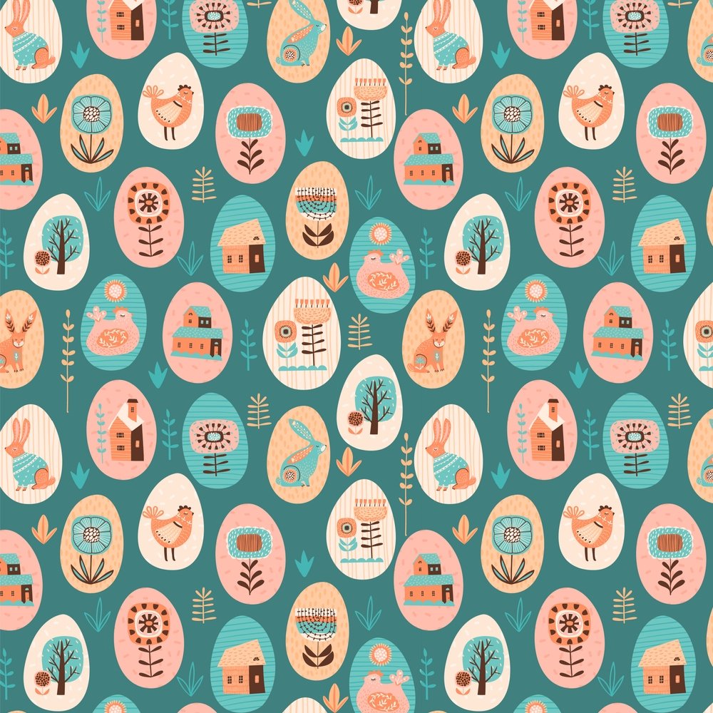 Boho Easter Egg & Flowers Fabric - Blue