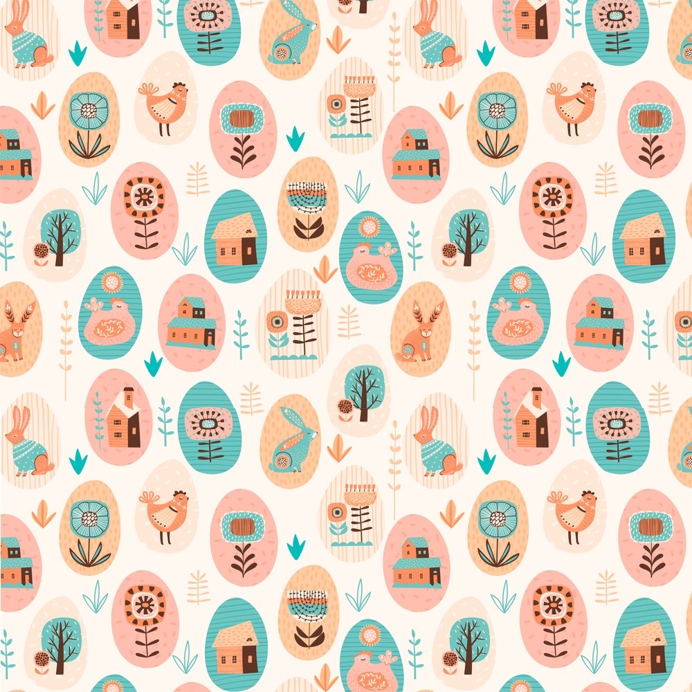 Boho Easter Egg & Flowers Fabric - Cream