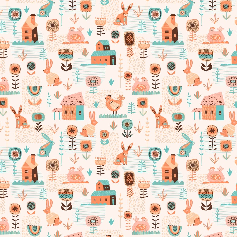 Boho Easter Folk Farm Fabric - Cream