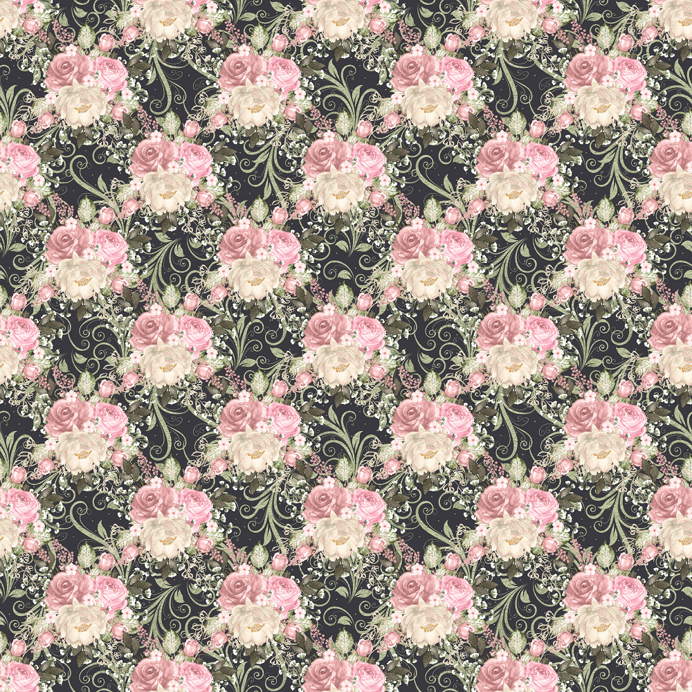 Blush Bouquets & Leaves Fabric - Black