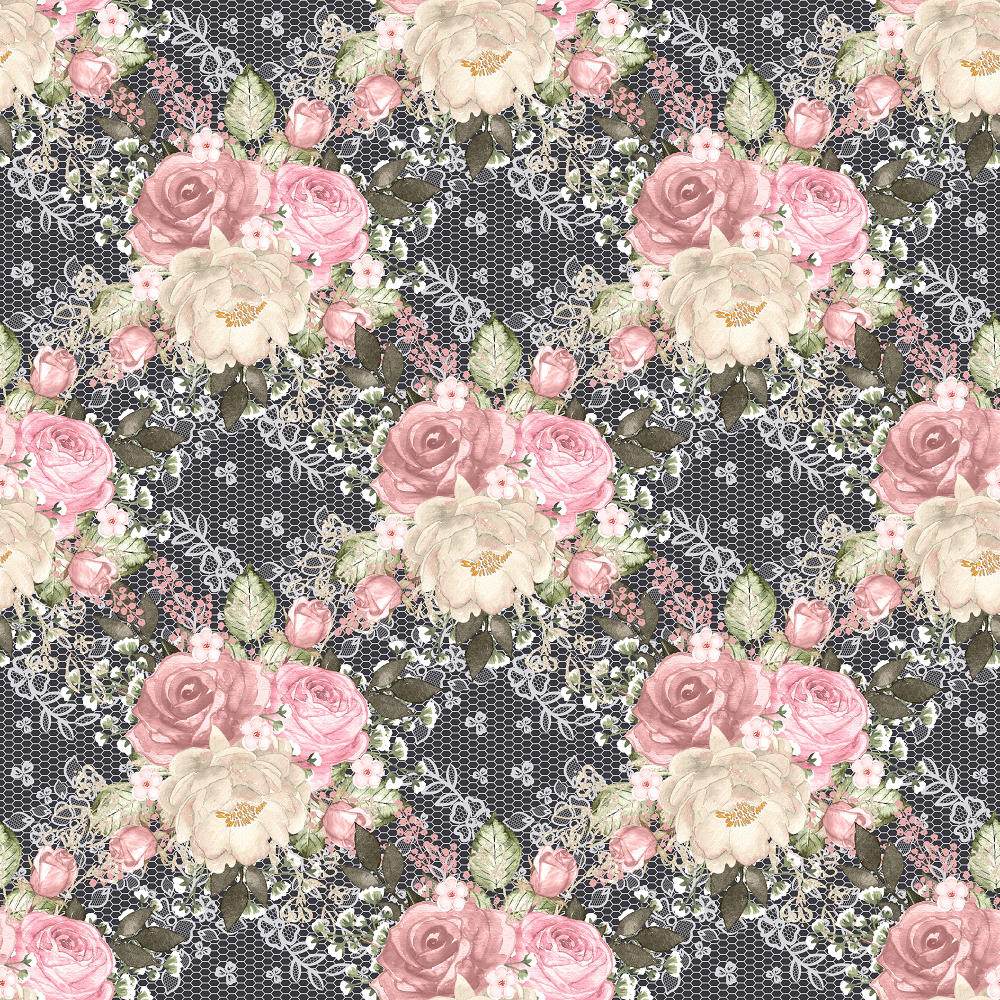 Blush Rose Bouquets & Lace Fabric - Black