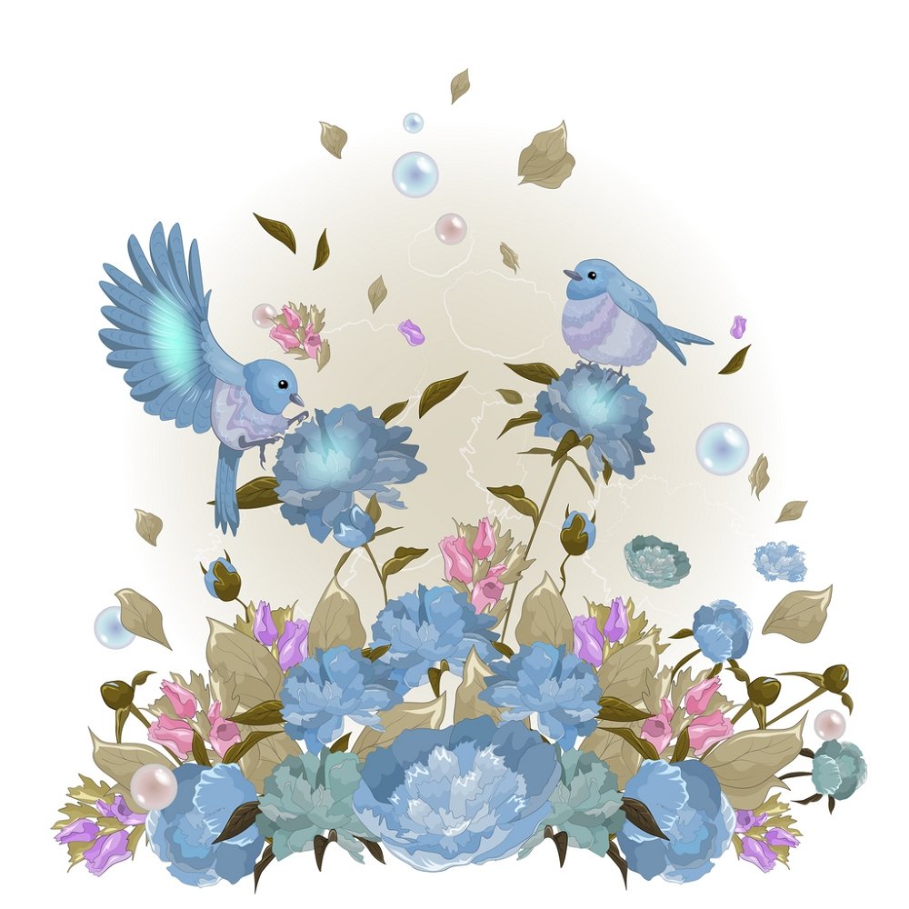 Blue Birds In The Garden Fabric Panel - Blue