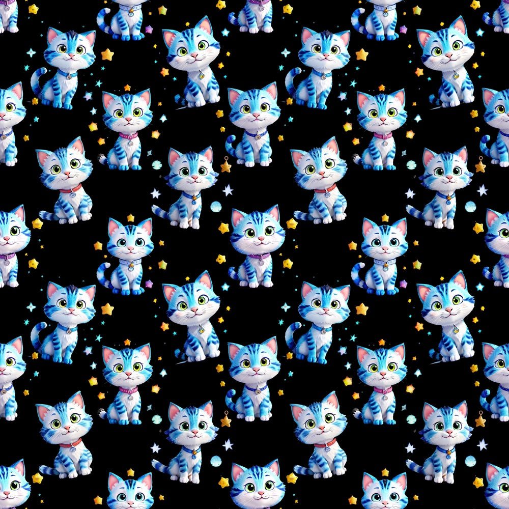 Blue Cartoon Kitten & Stars Fabric