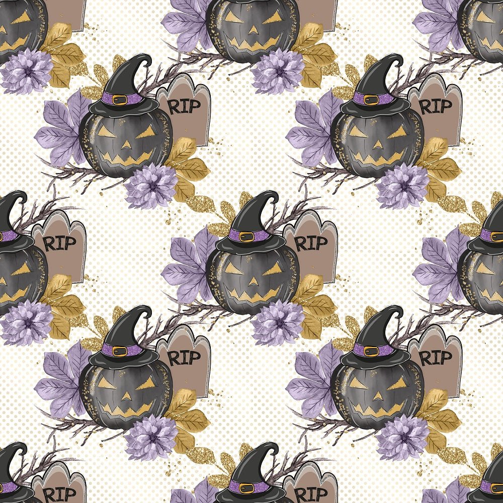Black Pumpkins on Gold Dots Fabric - White