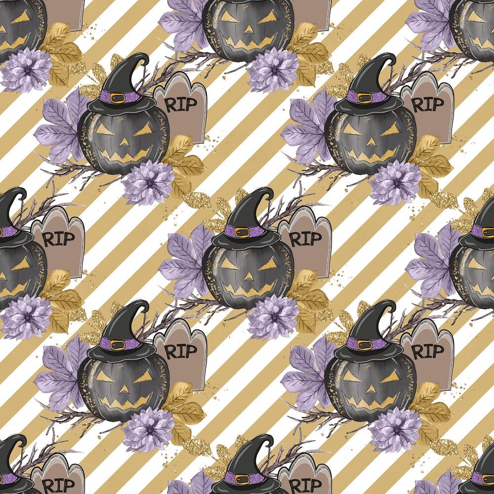 Black Pumpkins on Gold Stripes Fabric - White
