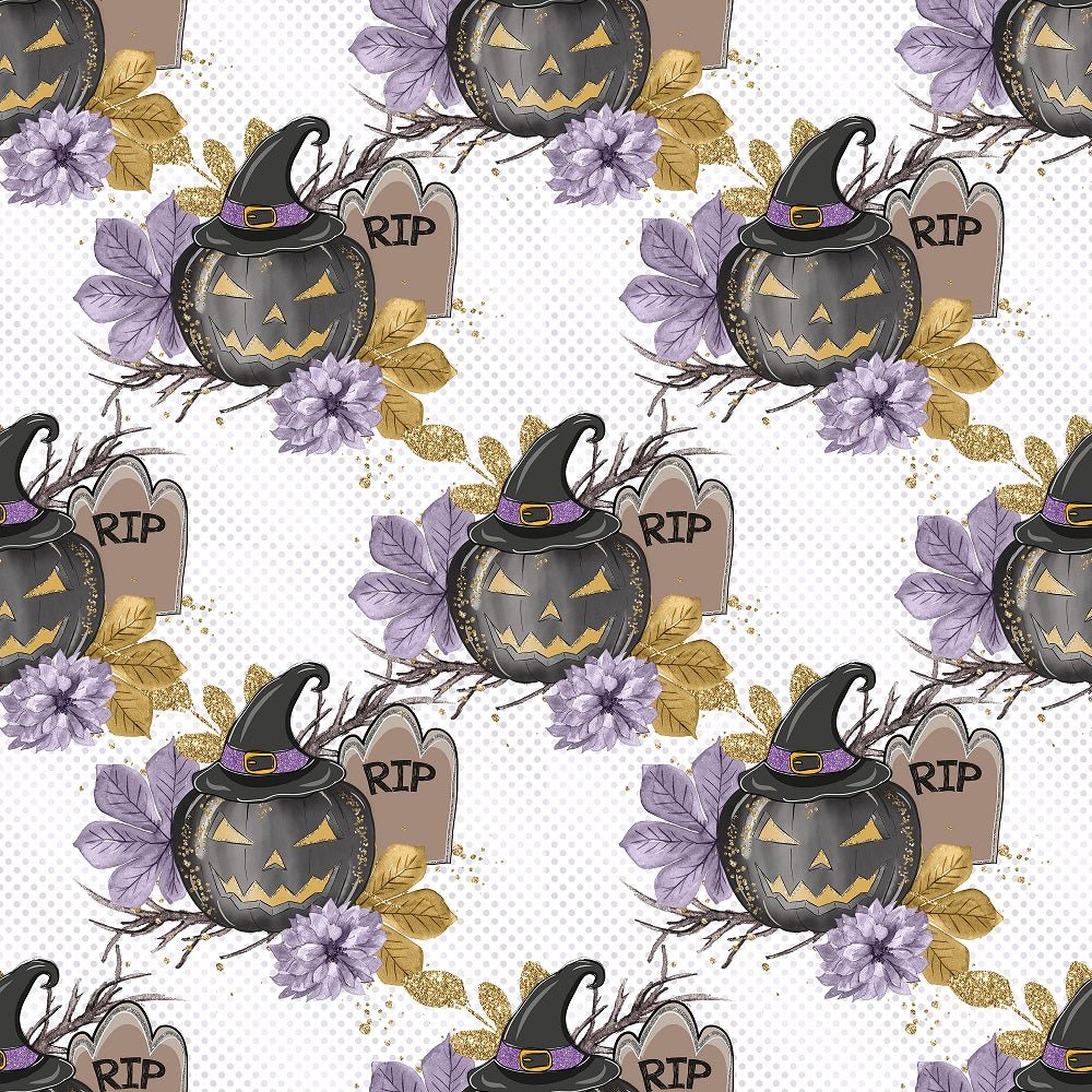 Black Pumpkins on Purple Dots Fabric - White