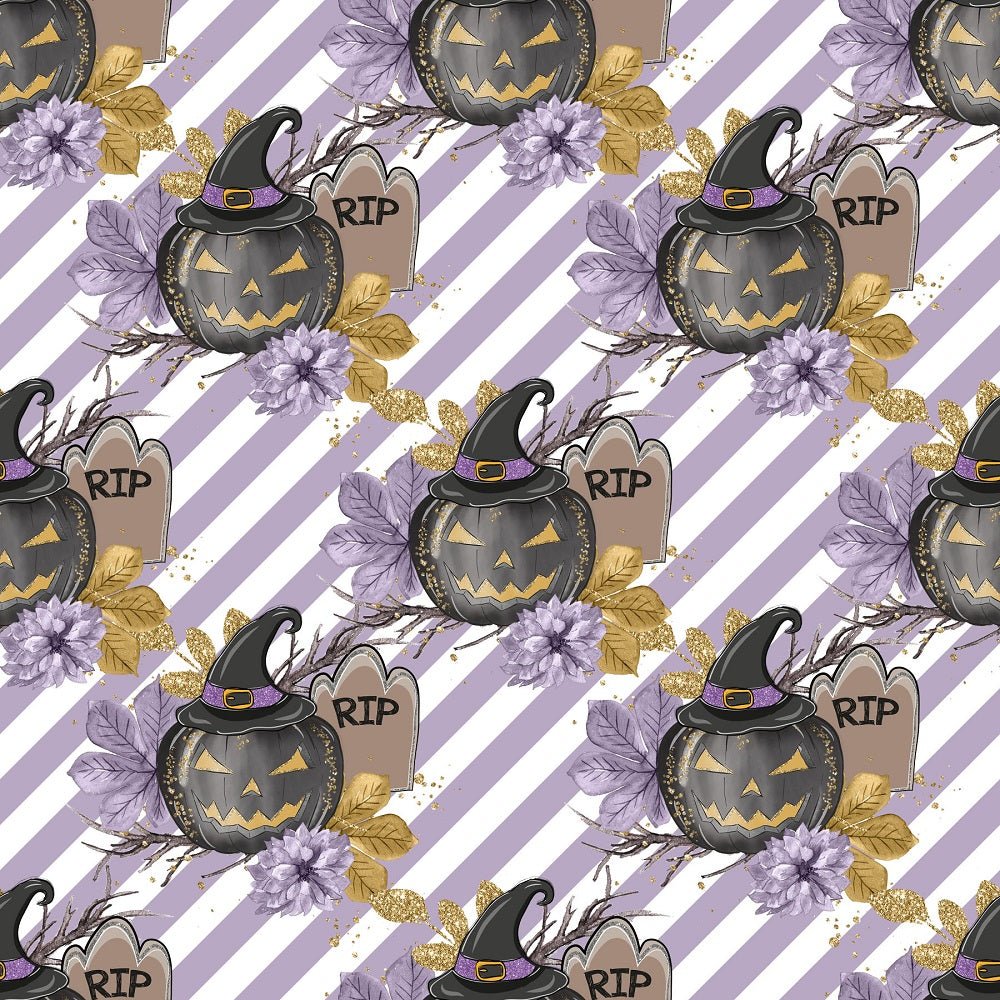 Black Pumpkins on Purple Stripes Fabric - White
