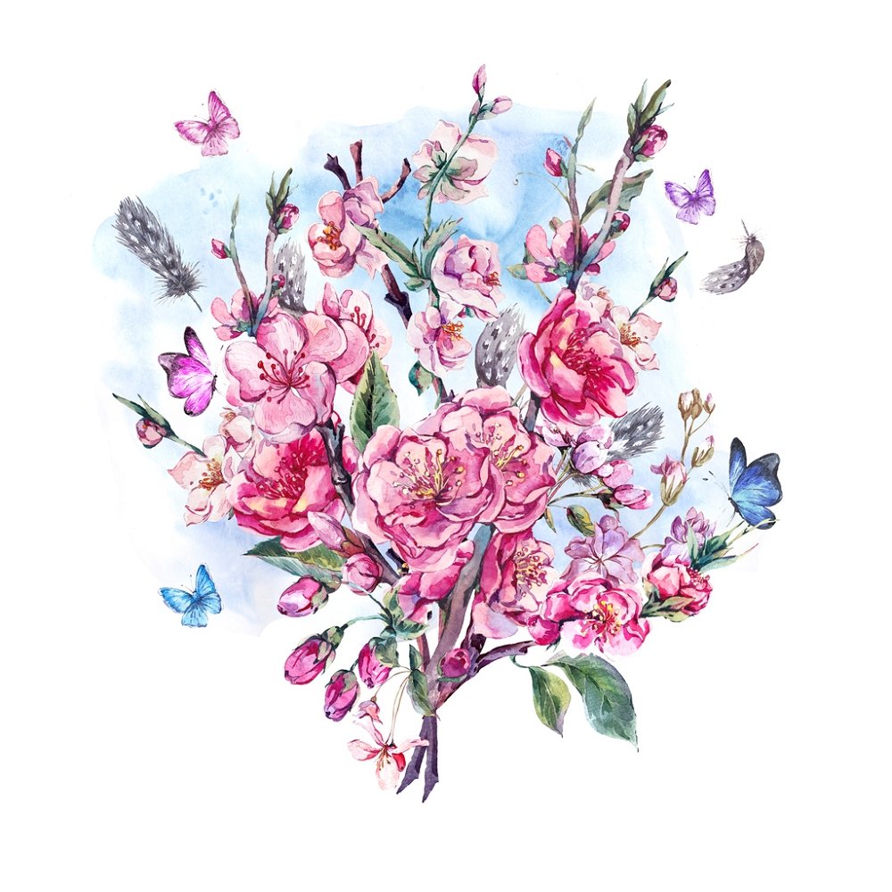 Blooming Cherry Blossom Branches Fabric Panel