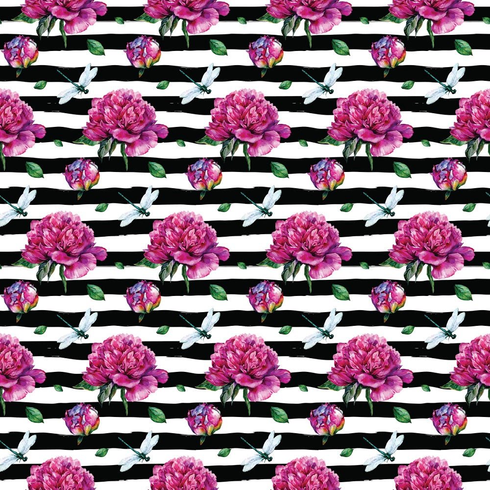 Blooming Peonies & Dragonflies On Stripes Fabric - Black