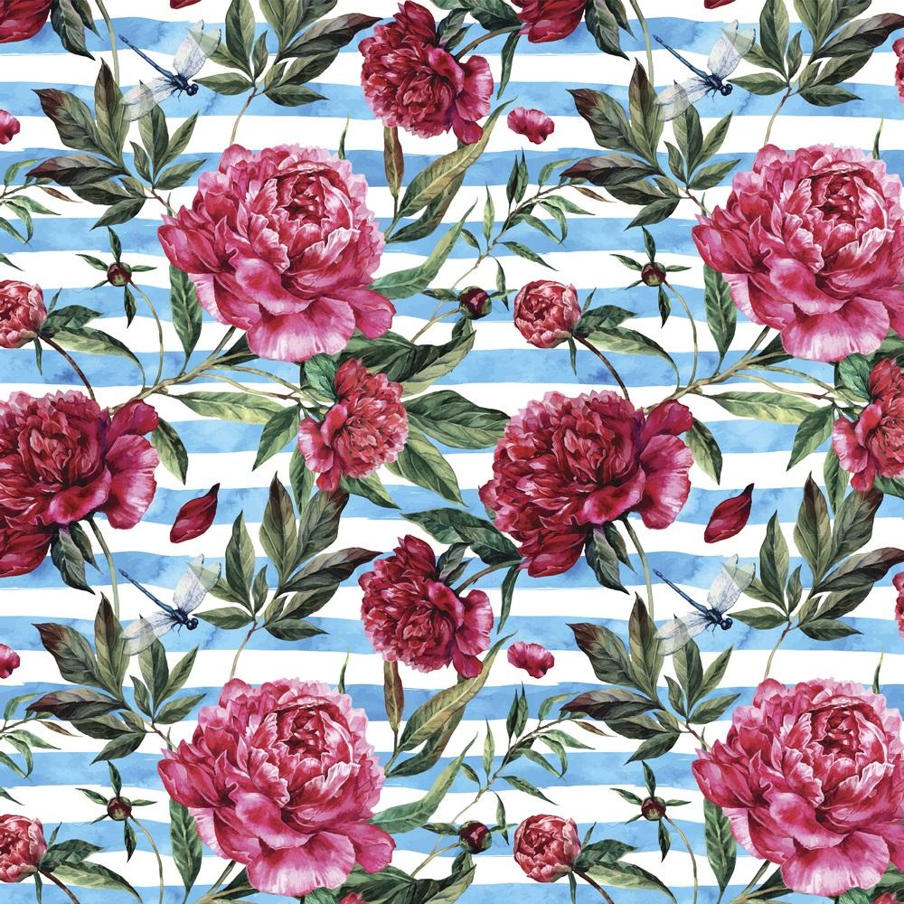 Blooming Peonies On Stripes Fabric - Blue/Pink