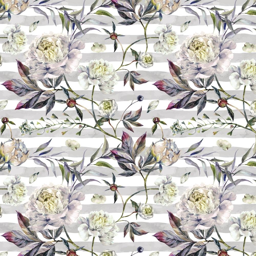 Blooming Peonies On Stripes Fabric - Gray