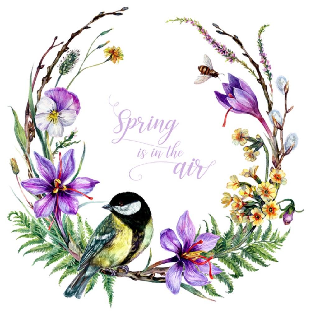 Blooming Spring Flower Wreath & Bird Fabric Panel - White