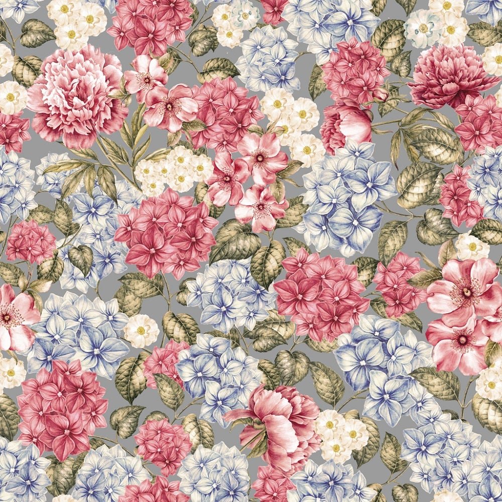Blossom Hydrangea Flowers Fabric - Gray