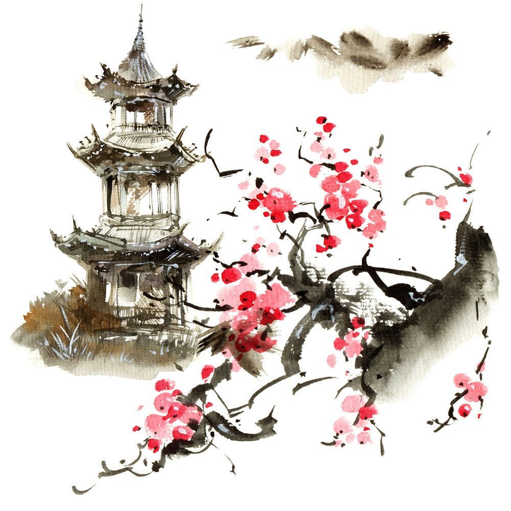 Blossom Sakura and Pagoda 2 Building Fabric Panel