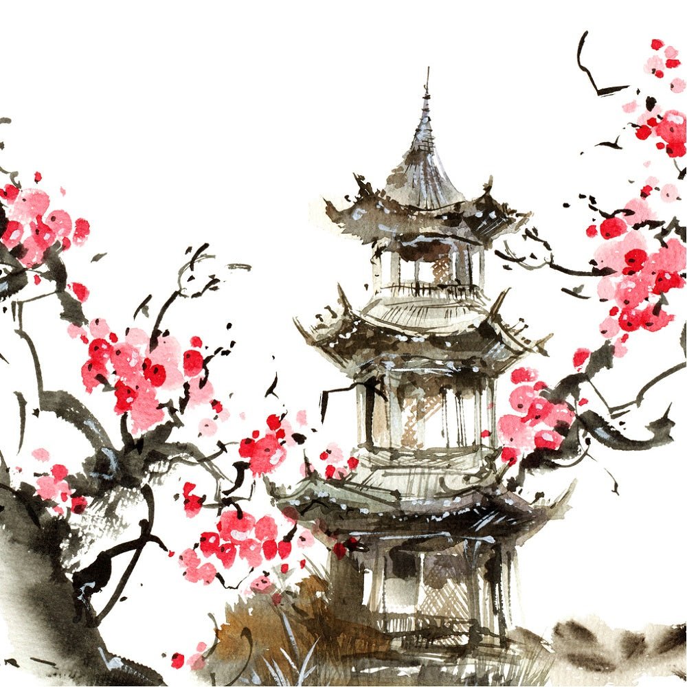 Blossom Sakura and Pagoda Building Fabric Panel