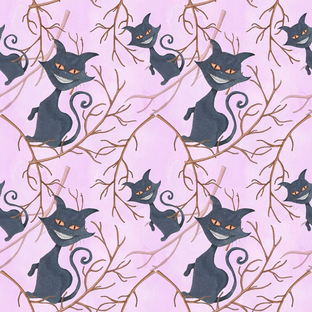 Black Cats with Branch Fabric - Purple