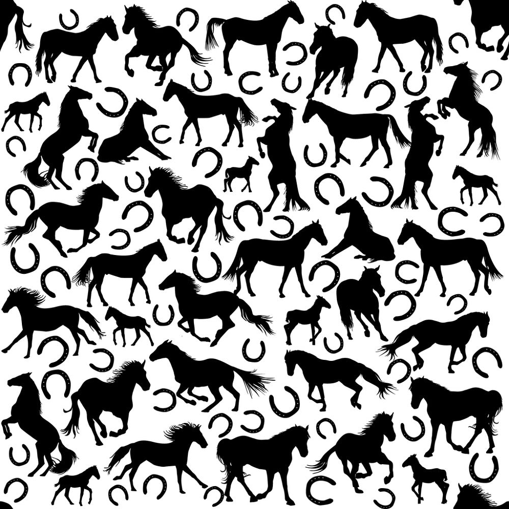 Black Horse and Horse Shoe Silhouettes Fabric